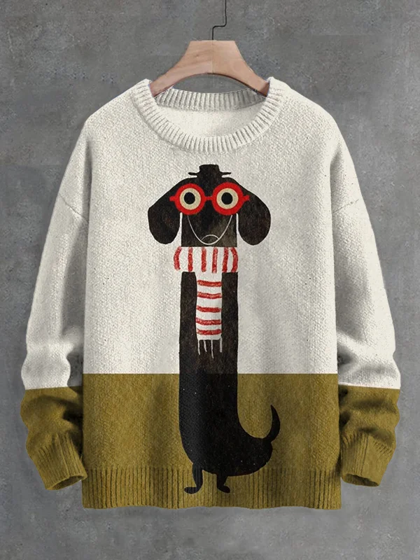 Men's Christmas Dachshund Art Print Knit Sweatshirt