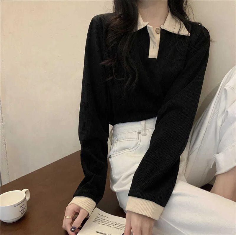 Uveng Uveng 2023 New Thin Lapel POLO Long-Sleeved T-Shirt Women's Versatile Show Thin Ins With Student Top Fashion