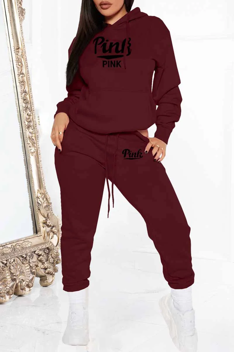 Street Print Letter Hooded Collar Long Sleeve Two Pieces
