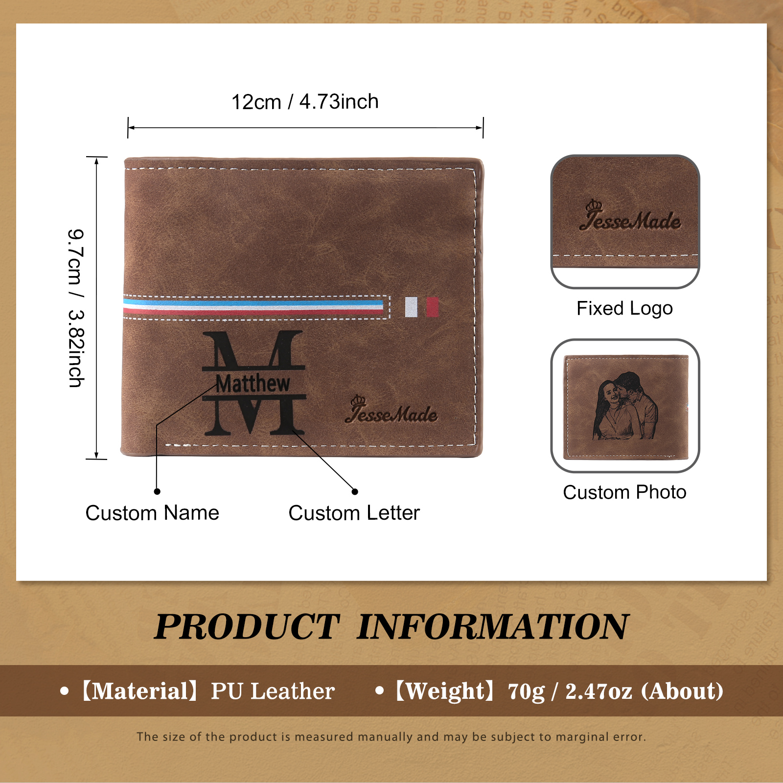 Portafoglio in PU pelle da uomo 1 nome 1 lettera e 1 foto personalizzabili regalo per uomo