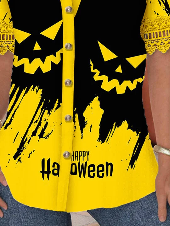 Women Short Sleeve V-neck Skull Printed Graphic Lace Hollow Stitching Button Tops