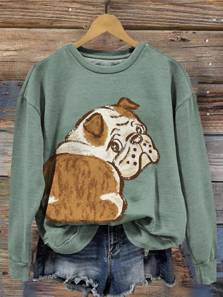 Comstylish Cute Bulldog Art Pattern Crew Neck Comfy Sweatshirt