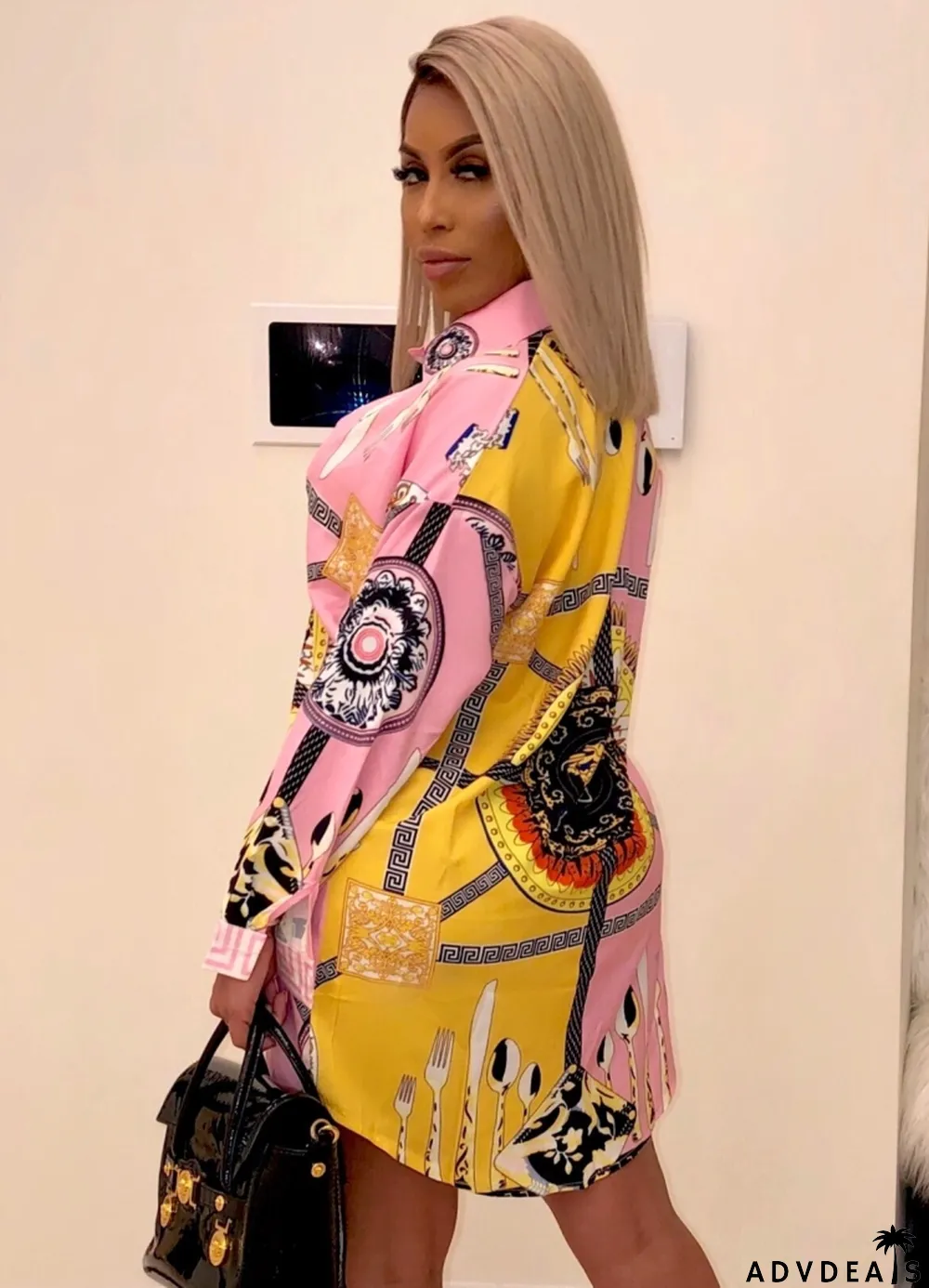 Spring Elegant Pink Printed Long Sleeve Button Up Long Blouse