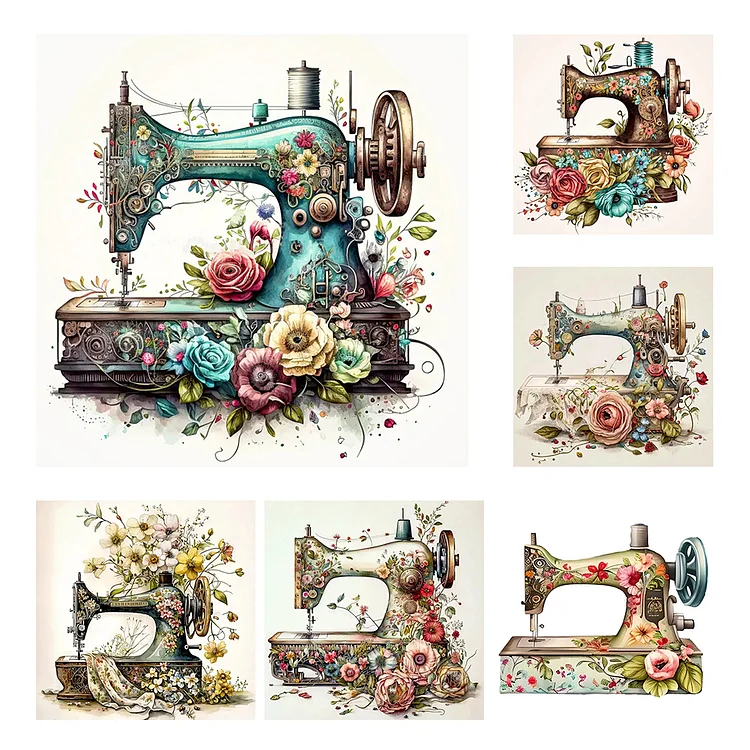 14CT 2 Strands Threads Printed Cross Stitch Kit - Floral Sewing Machine -  40*40cm