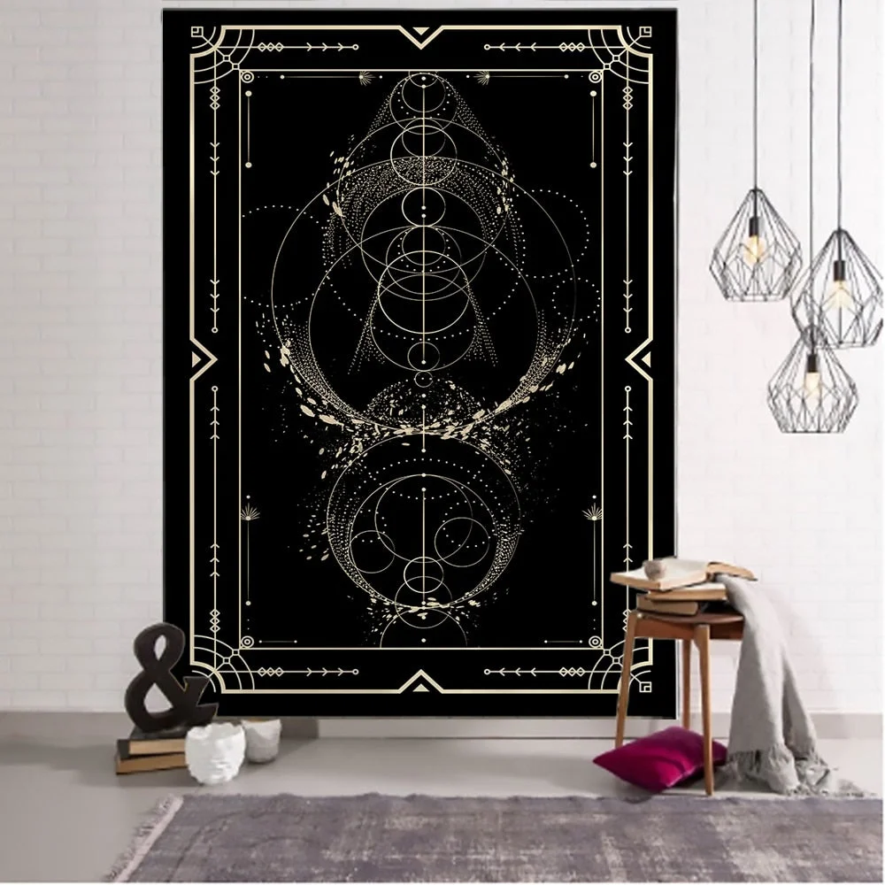 Golden Black Sun Moon Tarot Mandala Tapestry Wall Hanging Witchcraft Hippie Wall Carpets Dorm Decor Psychedelic Tapestry