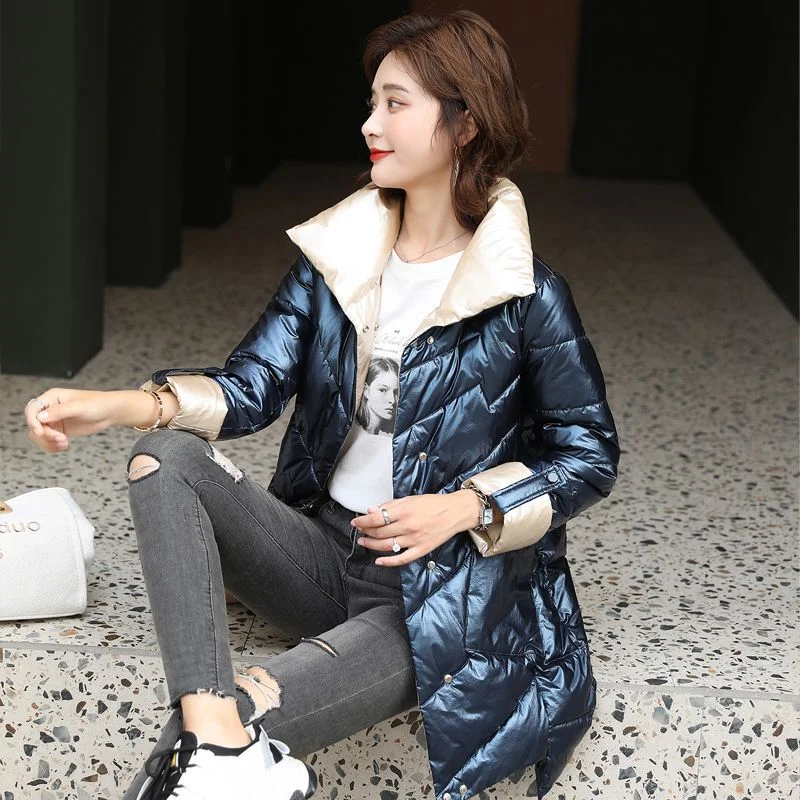 FTLZZ New Winter Women Long Parka Stand Collar Bright Color Windproof Loose Cotton Coat Fashion Streetwear Thick Warm Outwear