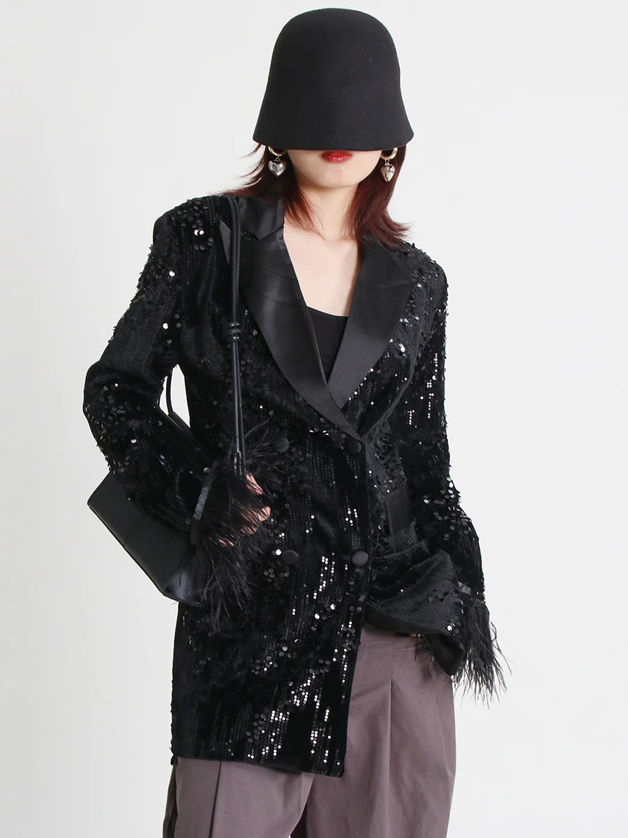 Woherb Woherb 2024 New V-Neck Long Sleeve Sequin Ostrich Splicing Suit Jacket-Outfit Ideas