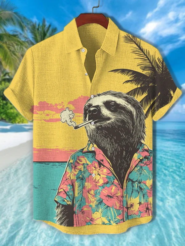 Men's Sloth Smoking On Hawaii Vacation Art Print Casual Shirt