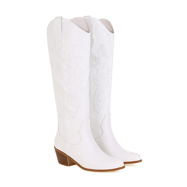 65mm Women's Embroidered Western Cowboy Boots Knee High Medium Heel Chunky Heel Fashion Retro Classic Boot-vocosishoes