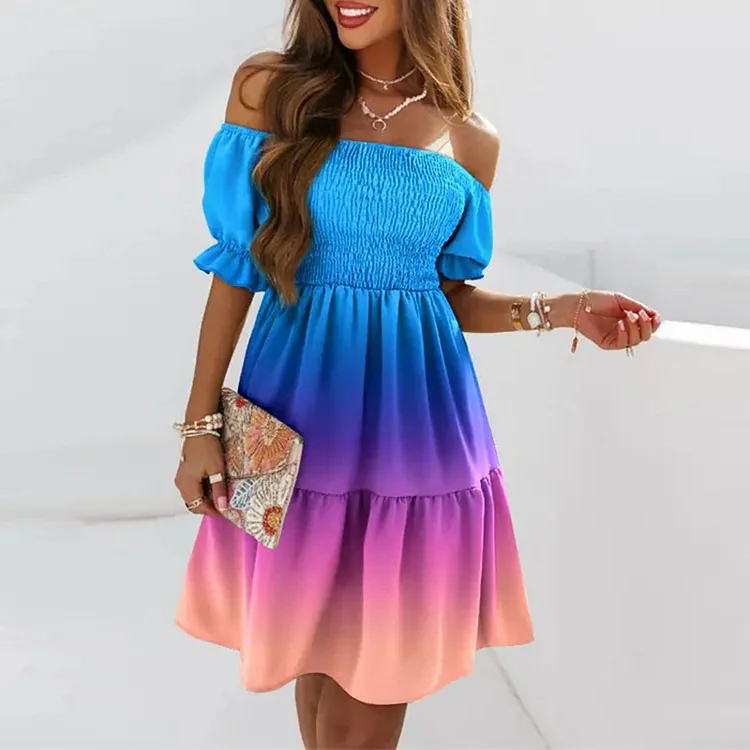 Sexy Elegant Off Shoulder Puff Sleeves Ruched Floral Print High Waist Party Casual Dress