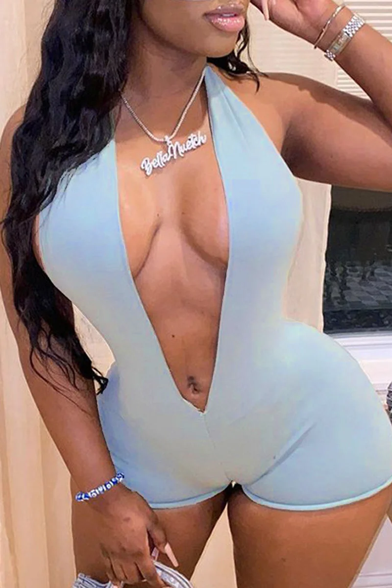 Sexy Casual Solid Backless Halter Skinny Sleeveless Romper