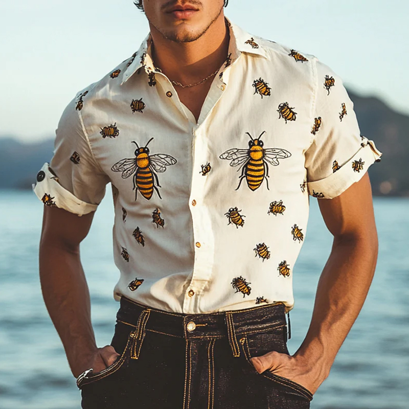 Men's Funny Bee Print Lapel Short Sleeve Shirt