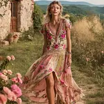 Boho Ethnic Floral Sequin Embroidery Women's Linen V-neck Maxi Dress - Image 3
