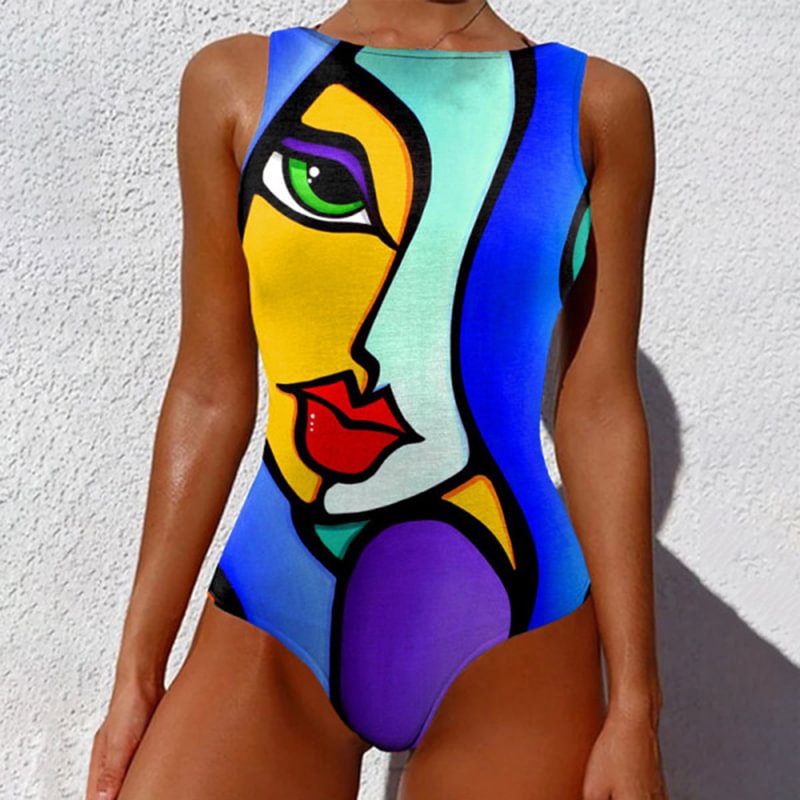 Human face color block artistic print swimsuit