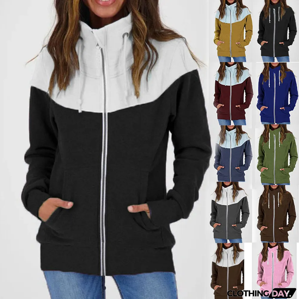 Fall Winter Women's Casual Long Sleeve Fleece Zip High Neck Sweatshirt