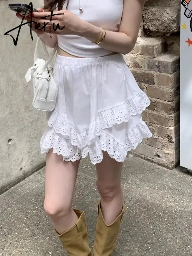Aiertu Korean Chic Kawaii Skirt Women Summer Temperament Elastic Waist Designer Mini Skirt Female Versatile Slimming Lace Skirt 2024 Aiertu