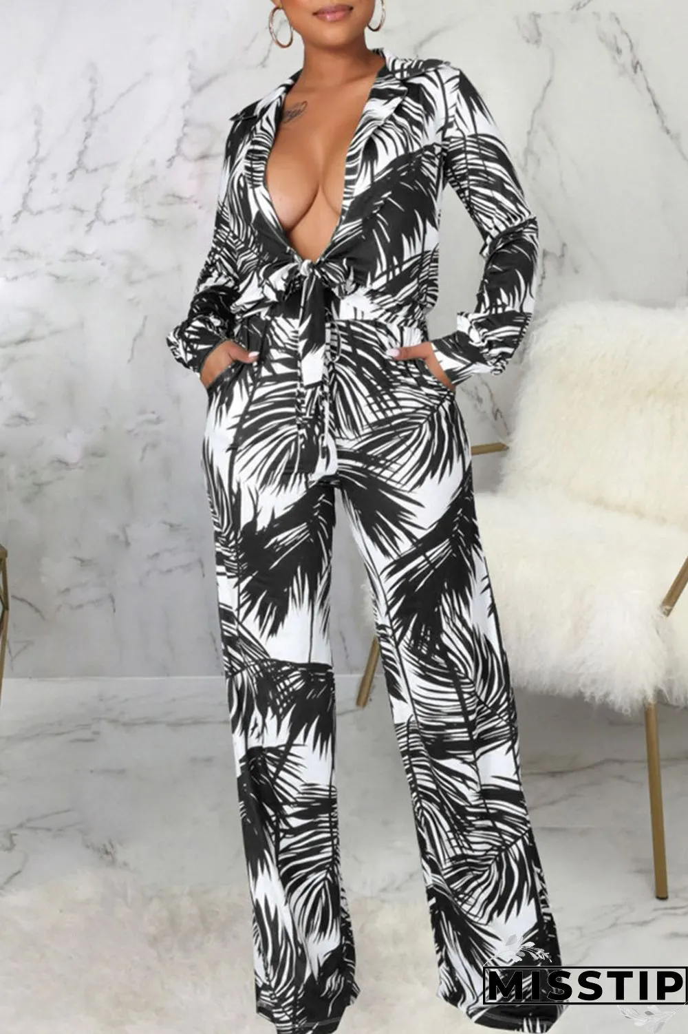 Cyan Casual Print Bandage Patchwork Turn-back Collar Long Sleeve Two Pieces
