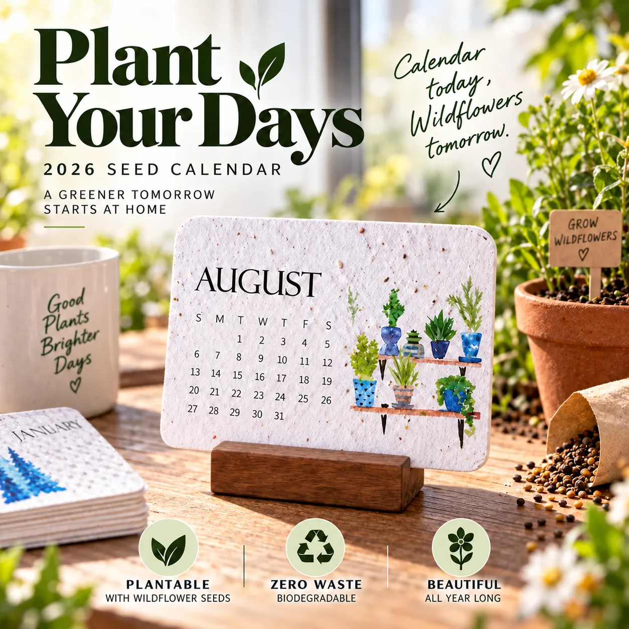 2026 plantable seed calendar with wooden display stand