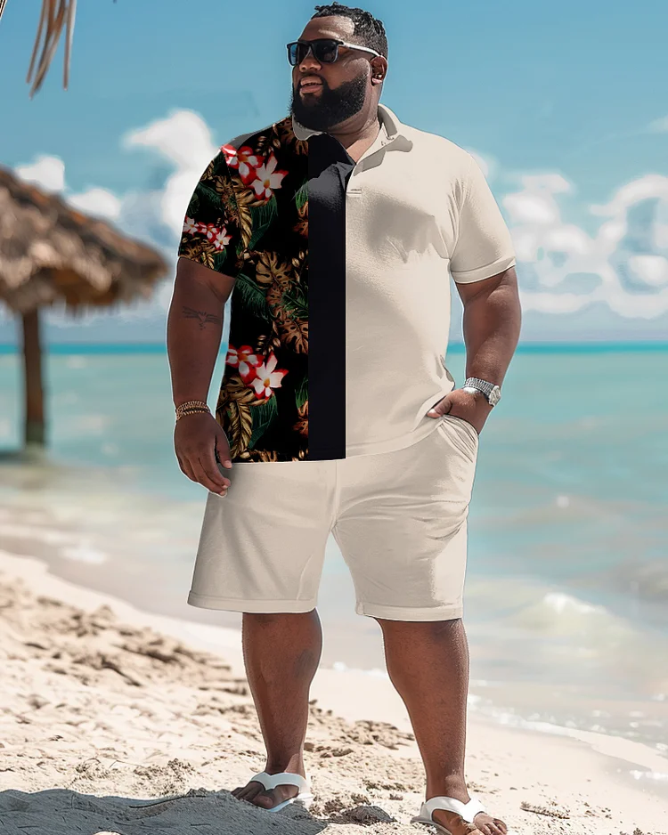 Men's Plus Size Simple Colorblock Floral Print Polo Shorts Suit