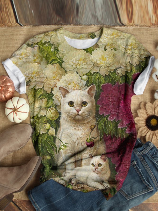 Cat Pattern Floral-Print Casual Shirts & Tops
