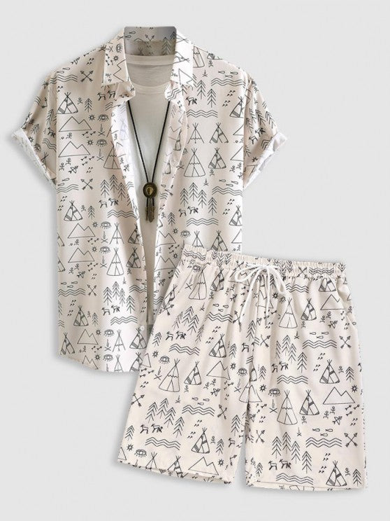 Geometric Pattern Short Sleeves Shirt And Shorts