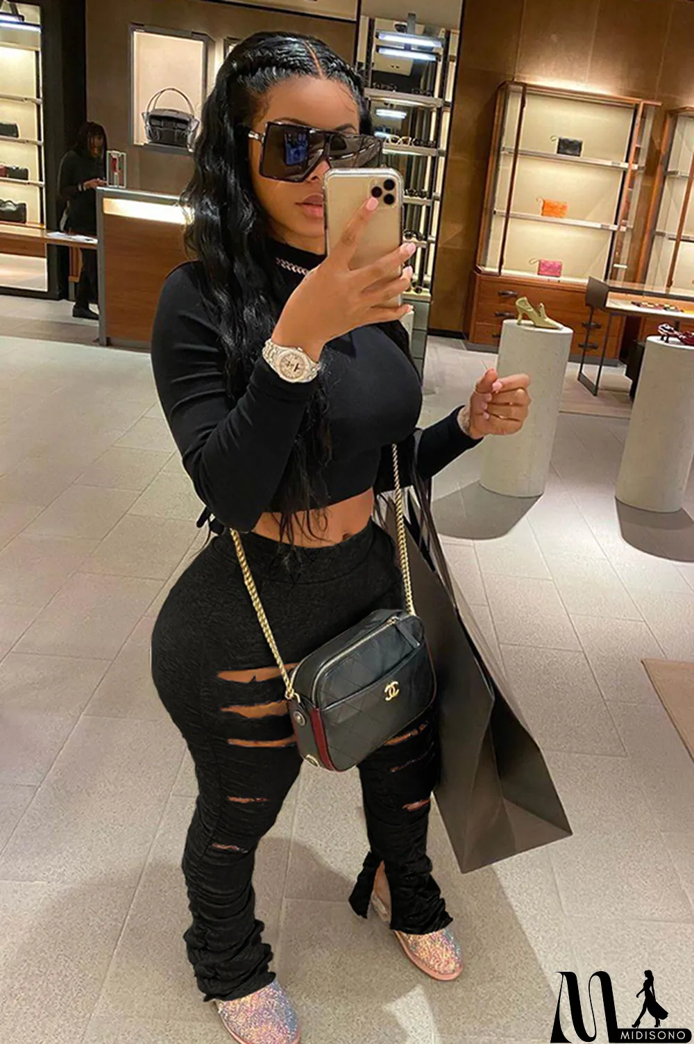 MidiSono - Black Polyester Drawstring Sleeveless Mid Patchwork Split Solid Hole Boot Cut Pants