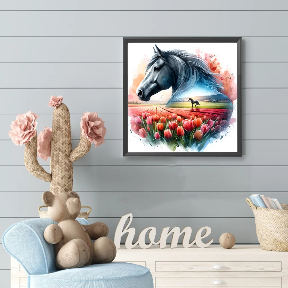 Diamond Painting - Full Round Drill - Tulip Horse Silhouettes(Canvas|30*30cm)