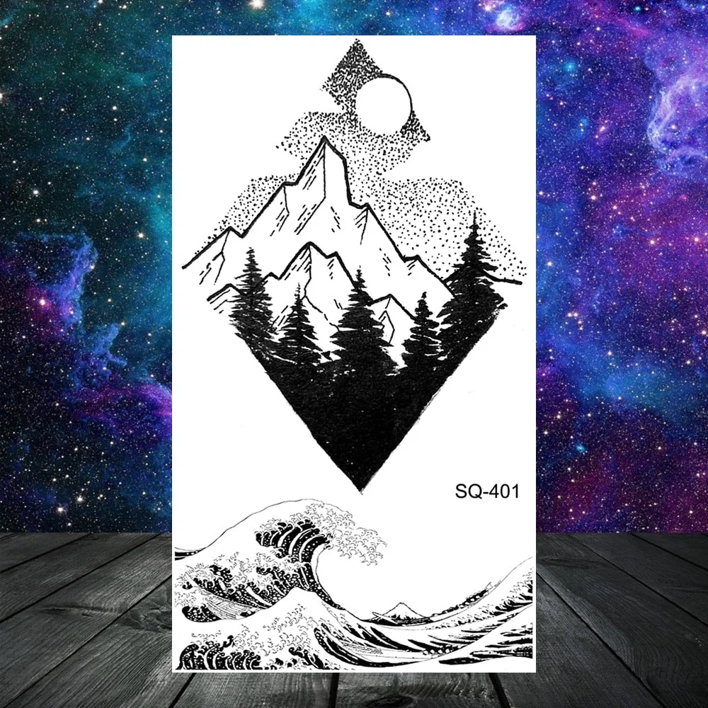 3D Geometry Mountain Sea Temporary Tattoos For Women Adult Men Kids Girl Sun Forest Eyes Fake Tattoo Neck Arm Hands Small Tatoos