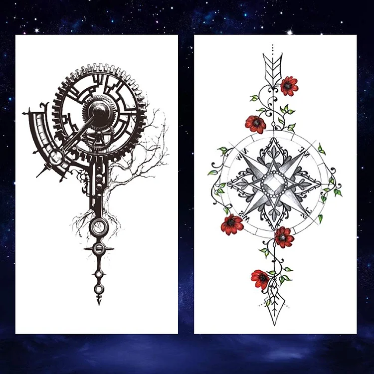 2 Sheets Black Arrow Compass Feather Dragon Anchor Sword Snake Tree Flower Temporary Tattoos for Arm