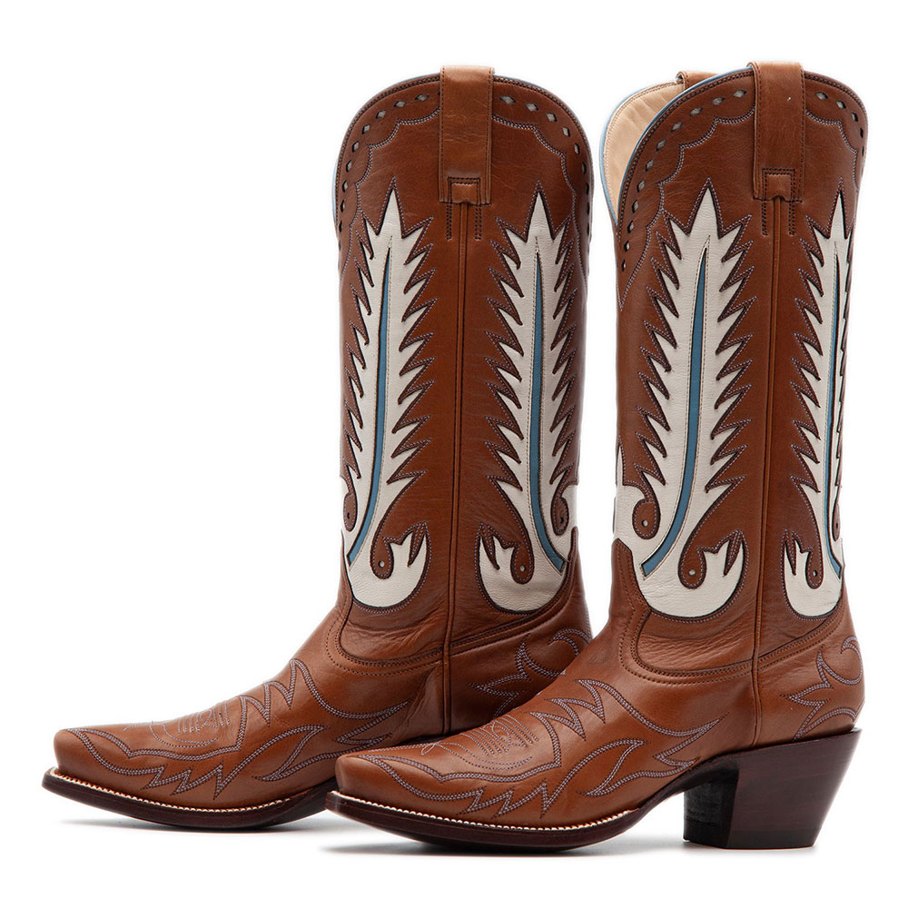 Brown Vintage Stitching Feather Inlay Knee High Cowgirl Boots Nicepairs