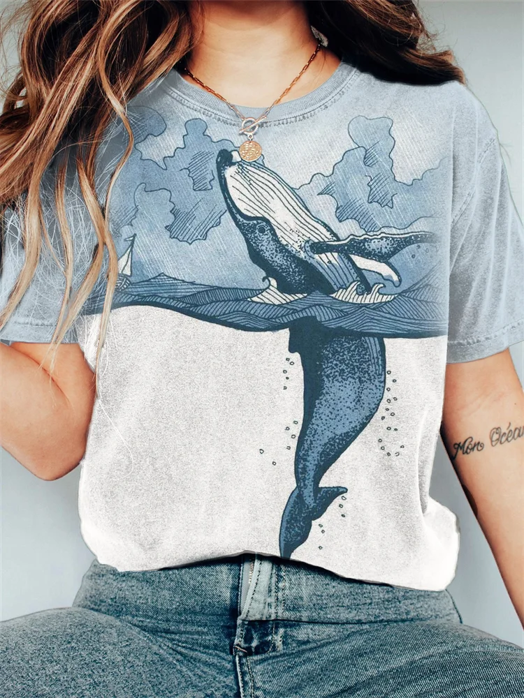 Whale Art Contrast Color Vintage Washed T Shirt