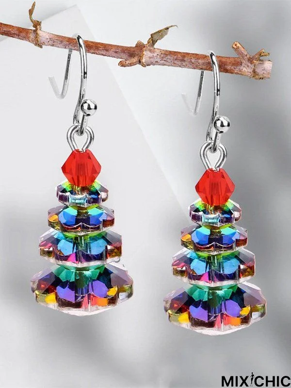 Christmas Colorful Crystal Tree Beaded Earrings Festive Party Matching