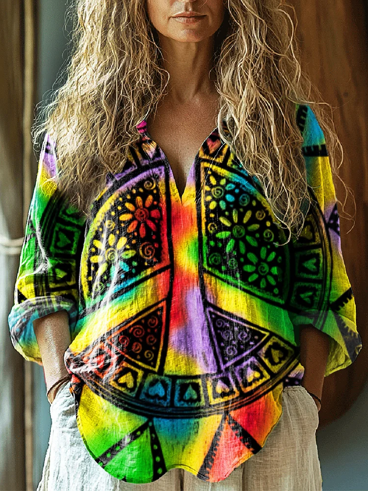 Women's Hippie Art Print Casual Linen V-neck Shirt