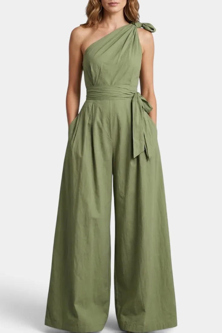 One-Shoulder Asymmetric Jumpsuit with Tie Belt