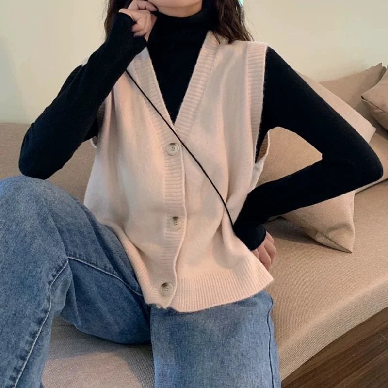 Sweater Vests Women Solid Knitting Leisure Single Breasted Loose Large Size 2XL Sweet Girls Korean Cropped Vest Female Stylish