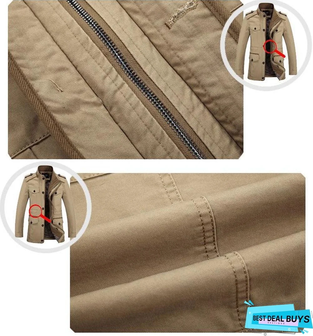 Mens Fashion Brand Casual Jacket Stand Collar Fat Slim Washed Cotton Long Jacket Coat Outwear