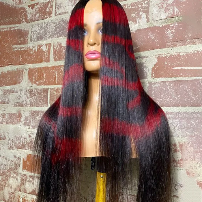 WeQueen 24 Inches 13x4 Ruby Red Zebra Print Straight Lace Frontal Wigs 180% Density-100% Human Hair