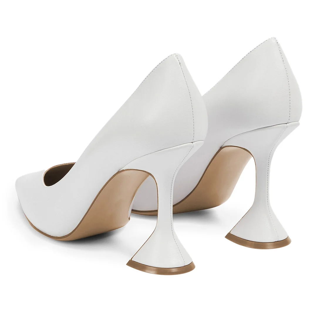 Women's Ivory Pointed Toe Vegan Leather Flared Heel Elegant Pumps