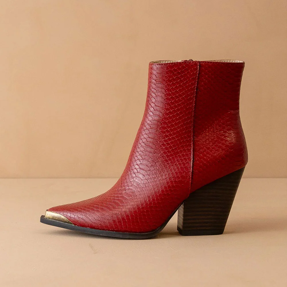 Red Snip Toe Chunky Heel Snake Embossed Zipper Western Boots for Women