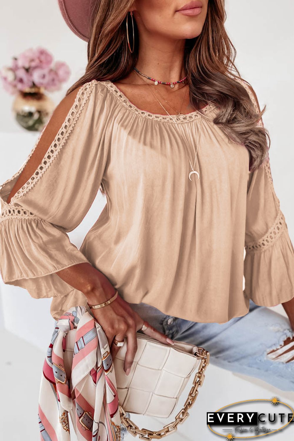Apricot Lace Crochet Cut-Out Bracelet Sleeve Ruffle Blouse