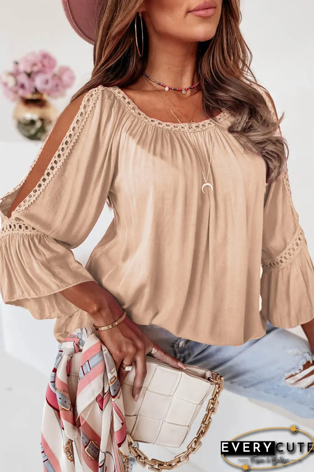 Apricot Lace Crochet Cut-Out Bracelet Sleeve Ruffle Blouse