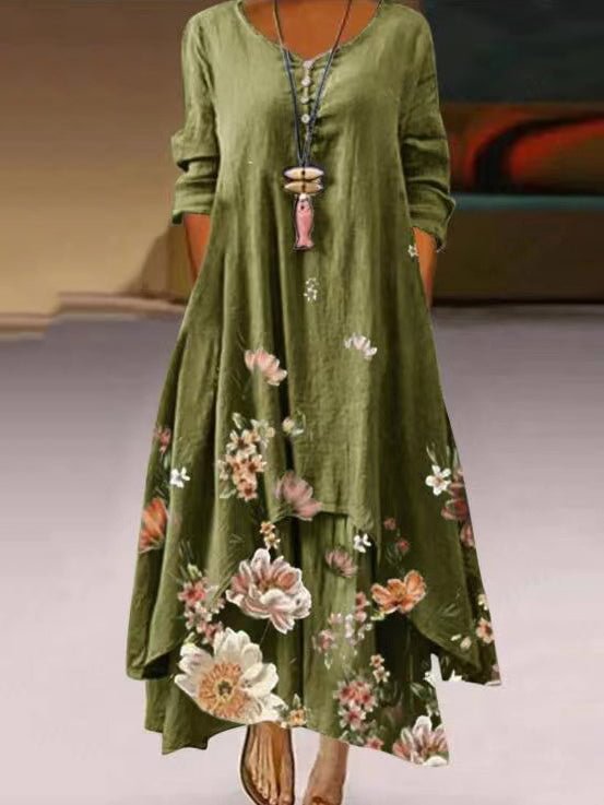 Elegant Flower Print Round Neck Long-Sleeved Dress