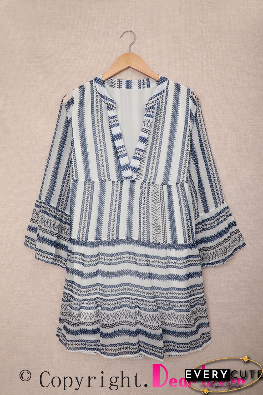 Sky Blue Geometric Print V neck Flare Half Sleeve Ruffle Swing Mini Dress