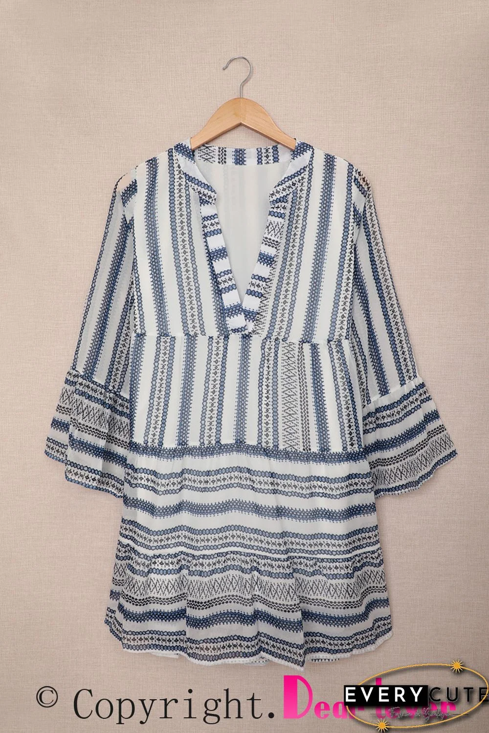 Sky Blue Geometric Print V neck Flare Half Sleeve Ruffle Swing Mini Dress
