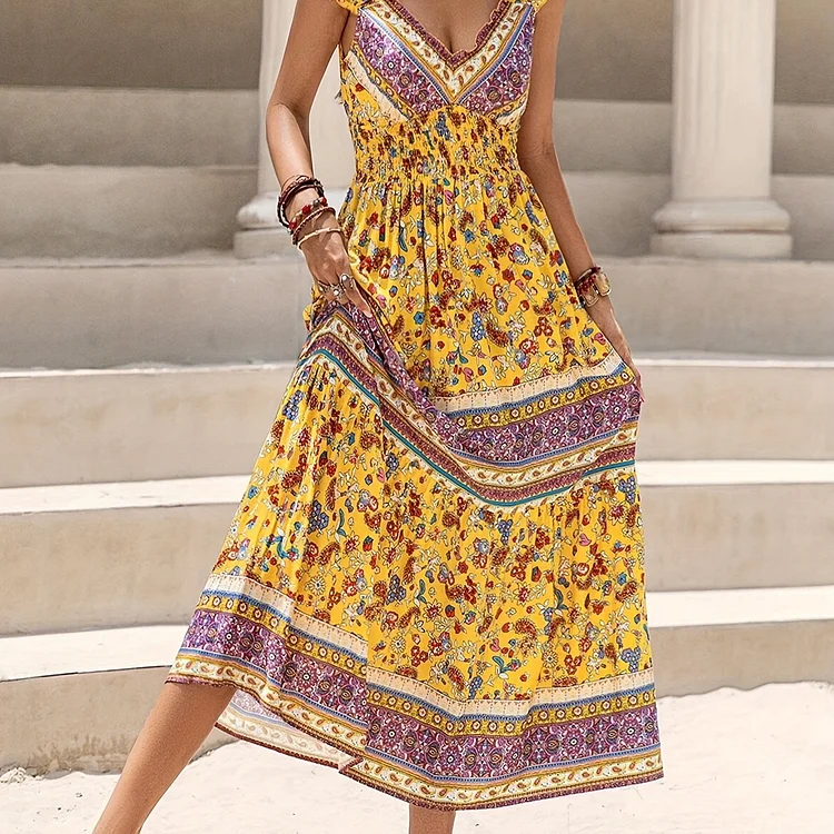 Boho Allover Print Shirred Waist Dress, Elegant Dress For Spring & Summer, Women's Clothing