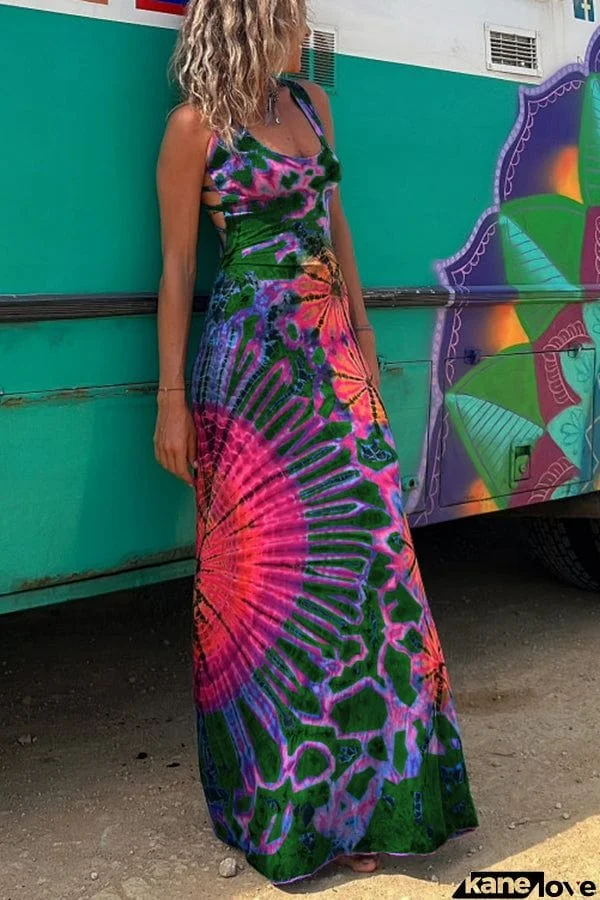 La Bamba Tie-dye Print Back Lace-up Stretch Maxi Dress