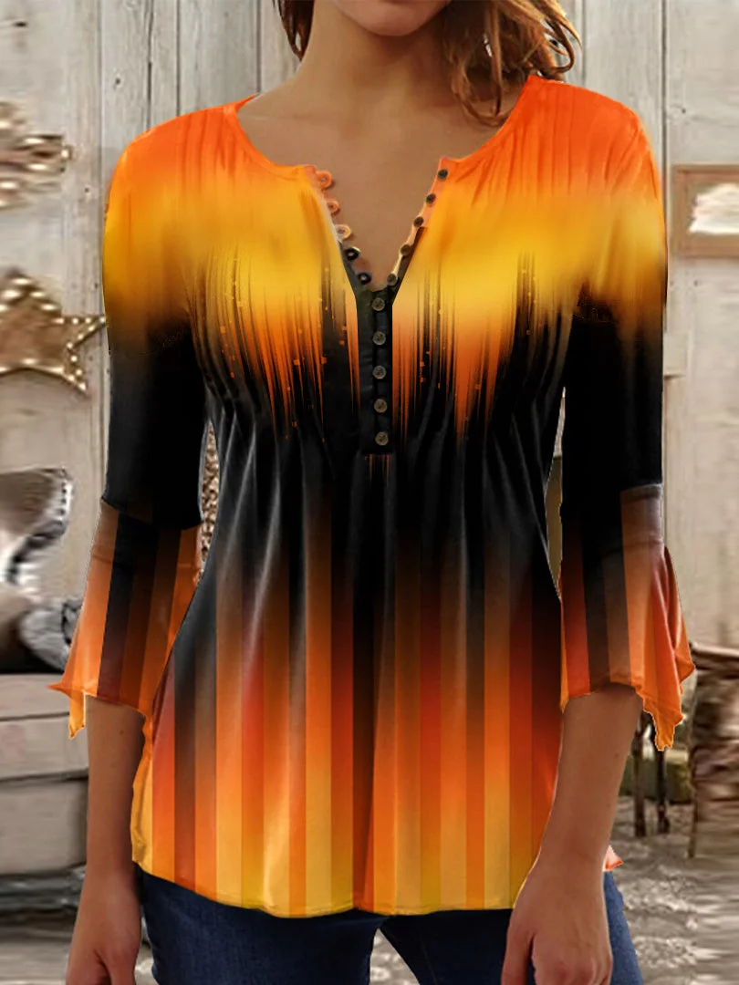 Women's Long Sleeve V-Neck Gradient Printed Top