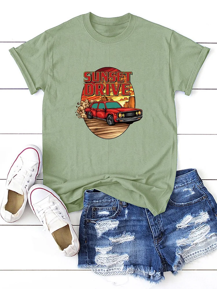 Bestdealfriday Sunset Drive Print Simple Round Neck Cotton T-Shirt