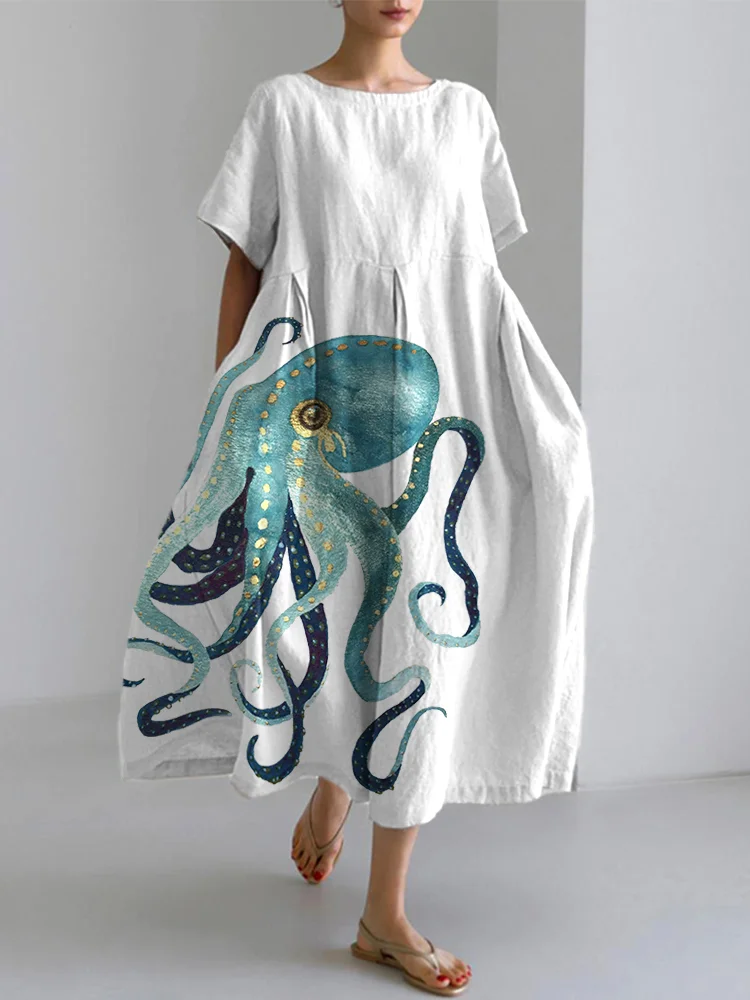 Octopus Art Painting Print Linen Blend Dress