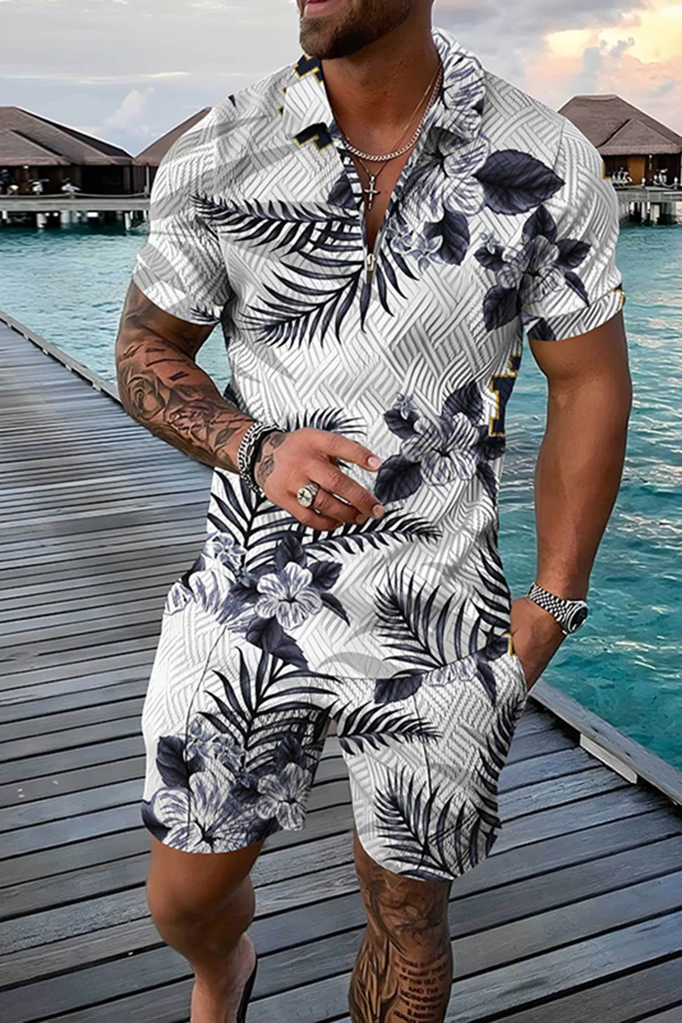 Tiboyz Fashion Resort Floral Short Sleeve Polo And Shorts Two Piece Set